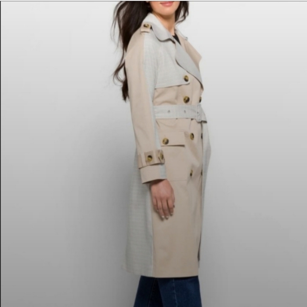 NWT AVEC LES FILLES Women's Mixed Media Plaid Cotton Trench Coat L - Picture 3 of 12